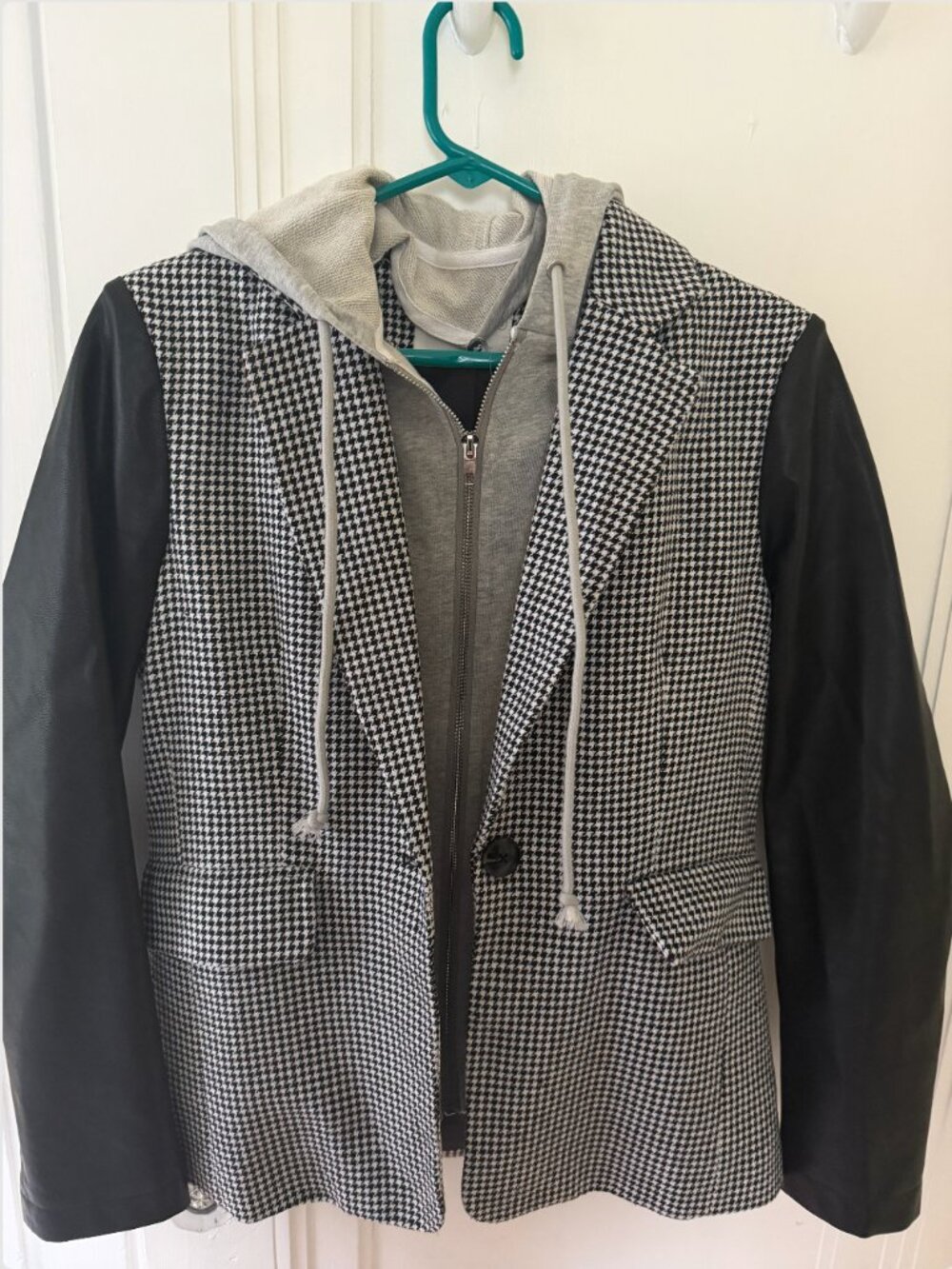 Six Fifty Houndstooth Blazer Hoodie Jacket Faux Leather Sleeves Size Small
